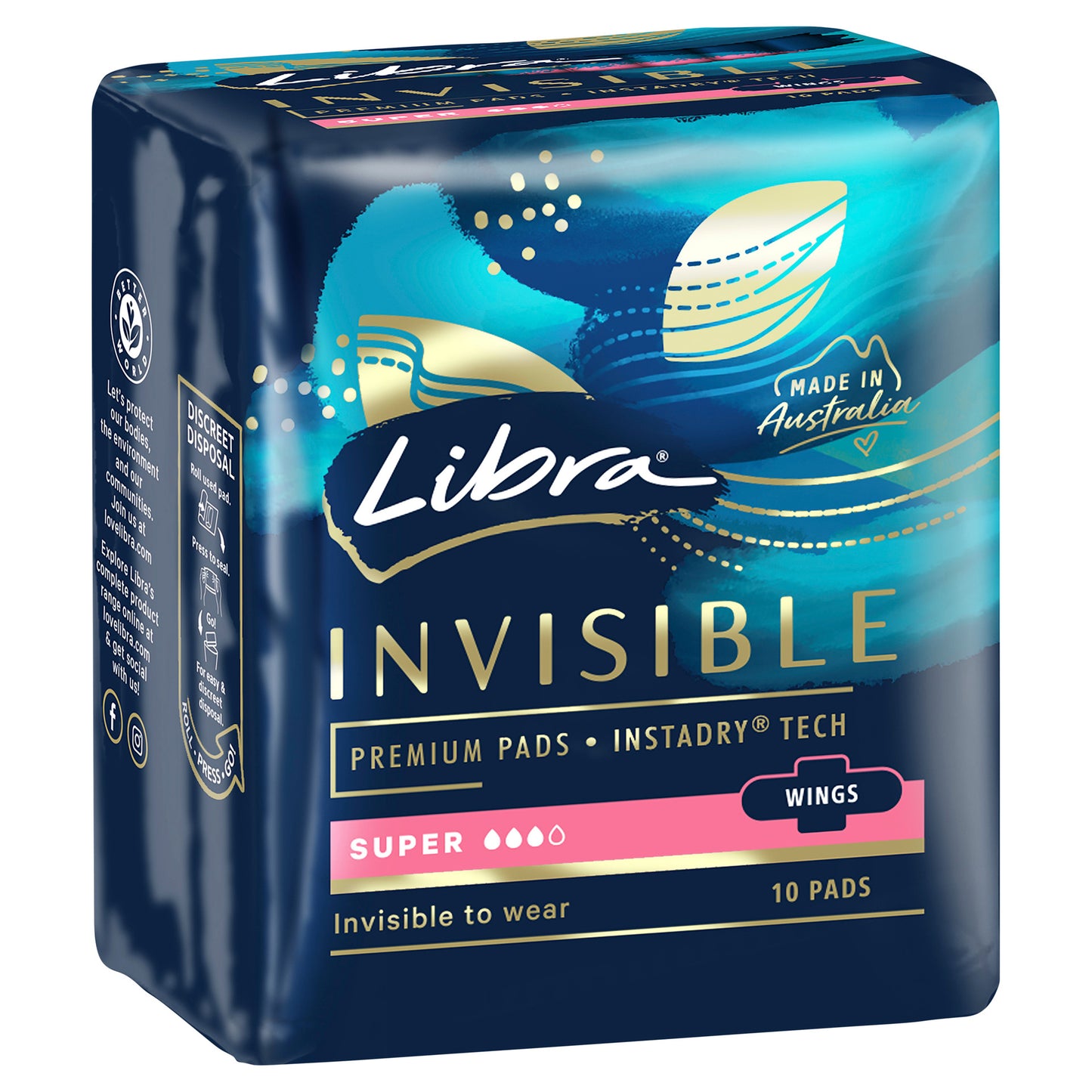 LIBRA INVISIBLE SUPER ABSORBENT PADS WITH WINGS 10PK