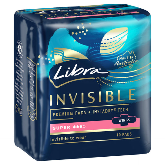 LIBRA INVISIBLE SUPER ABSORBENT PADS WITH WINGS 10PK